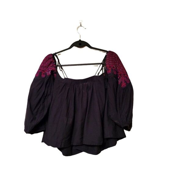 Free People Womens Top Black XS Off-the-Shoulder Embroidered Blouse - Picture 6 of 8
